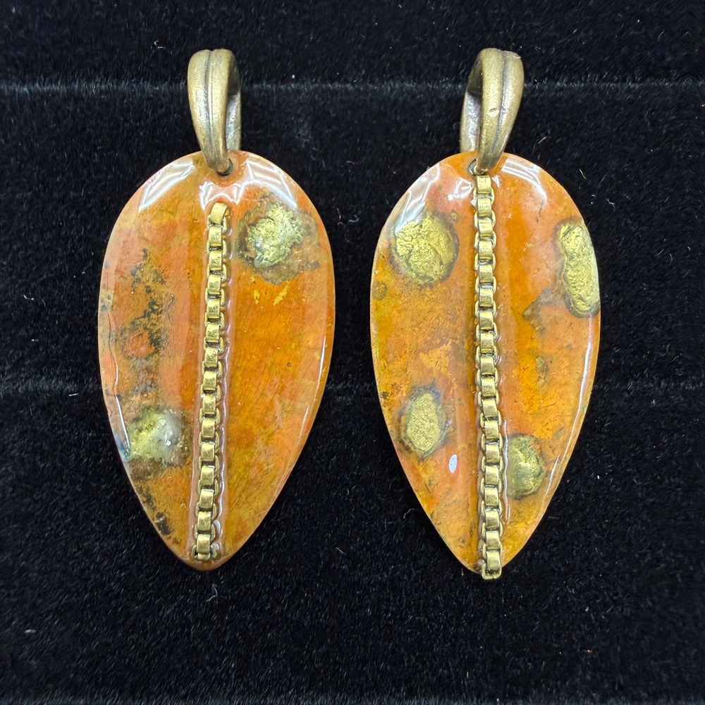 Enameled Copper and Brass Leaf Drop Earrings Casual Everyday Boho Artsy